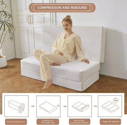 MAXYOYO Opvouwbare corduroy matras, drievoudig vloermatras 15 cm dik met wasbare hoes, opvouwbaar in drie, ruimtebesparend voor gasten (beige, eenpersoons)
