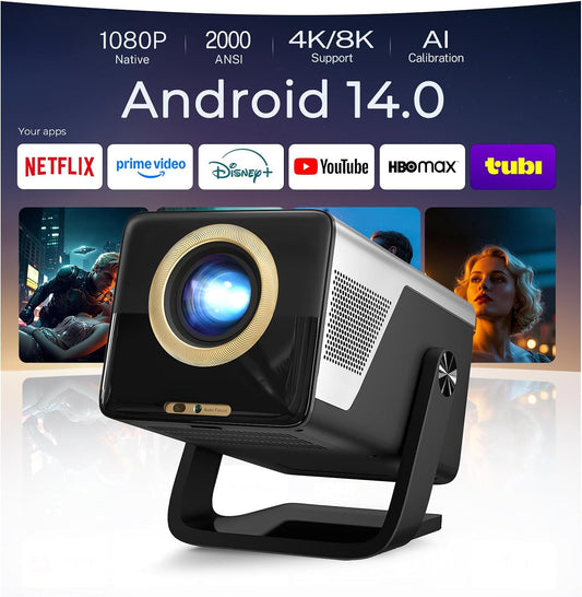 [8K-ondersteuning/2000 ANSI/AI visuele kalibratie] X7 slimme projector met Android 14 OS DoIby, 1080P UHD-projector met Netflix YouTube/AI Auto Focus & Keystone & Obstakel Avoidance/200 inch Display