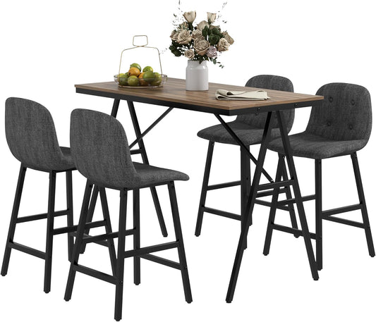 HOMCOM Bar Table with Bar Stool Set, 5-Piece Dining Group, Kitchen Table, Bistro Table with 4 Chairs, Bar Table Set for Kitchen, Living Room, Steel, Dark Grey, 120 x 60 x 91 cm - QUORE