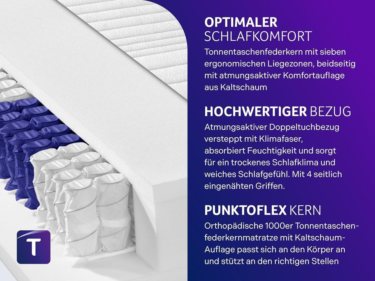 Traumnacht Exclusieve 7-zone 1.000 pocketveringmatras, Stiftung Warentest testoordeel goed - Uitgave 10/2023, 23 cm premium hoogte, Öko-Tex gecertificeerd, hardheidsgraad 3 (H3), 140 x 200 cm