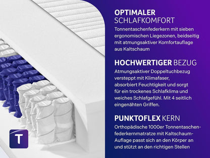 Traumnacht Exclusieve 7-zone 1.000 pocketveringmatras, Stiftung Warentest testoordeel goed - Uitgave 10/2023, 23 cm premium hoogte, Öko-Tex gecertificeerd, hardheidsgraad 3 (H3), 140 x 200 cm