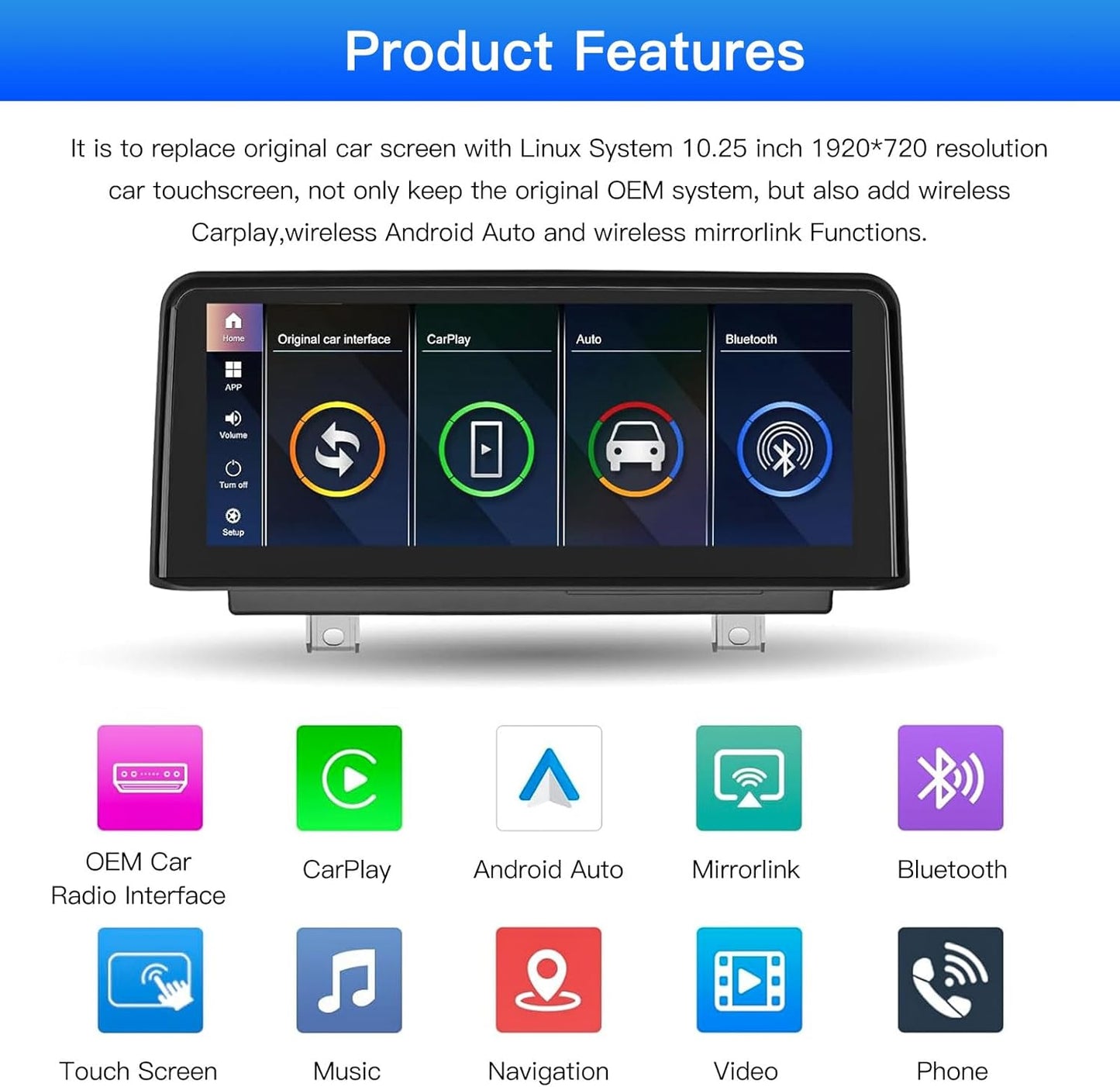 10,25 Inch Touchscreen Autoradio – Draadloze Multimedia Speler – CarPlay Android Auto Receiver – BMW 3 Serie 4 Serie (2012-2015) – Hoge Resolutie 1920x720 – Originele Functies Behouden - QUORE