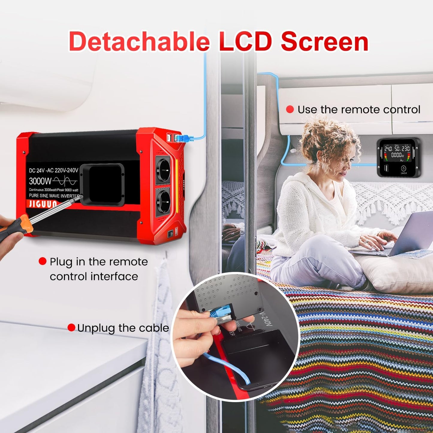 JIGUUN 3000W Omvormer 24V 230V Zuivere sinus Converter inverte met 2 EU stopcontacten & 3 USB+Tycp-C poorten, afneembare afstandsbediening en LCD display Piekvermogen 9000W