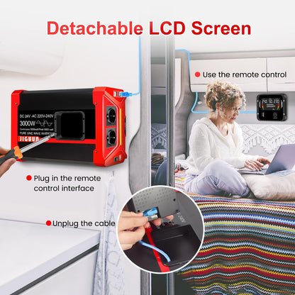 JIGUUN 3000W Omvormer 24V 230V Zuivere sinus Converter inverte met 2 EU stopcontacten & 3 USB+Tycp-C poorten, afneembare afstandsbediening en LCD display Piekvermogen 9000W