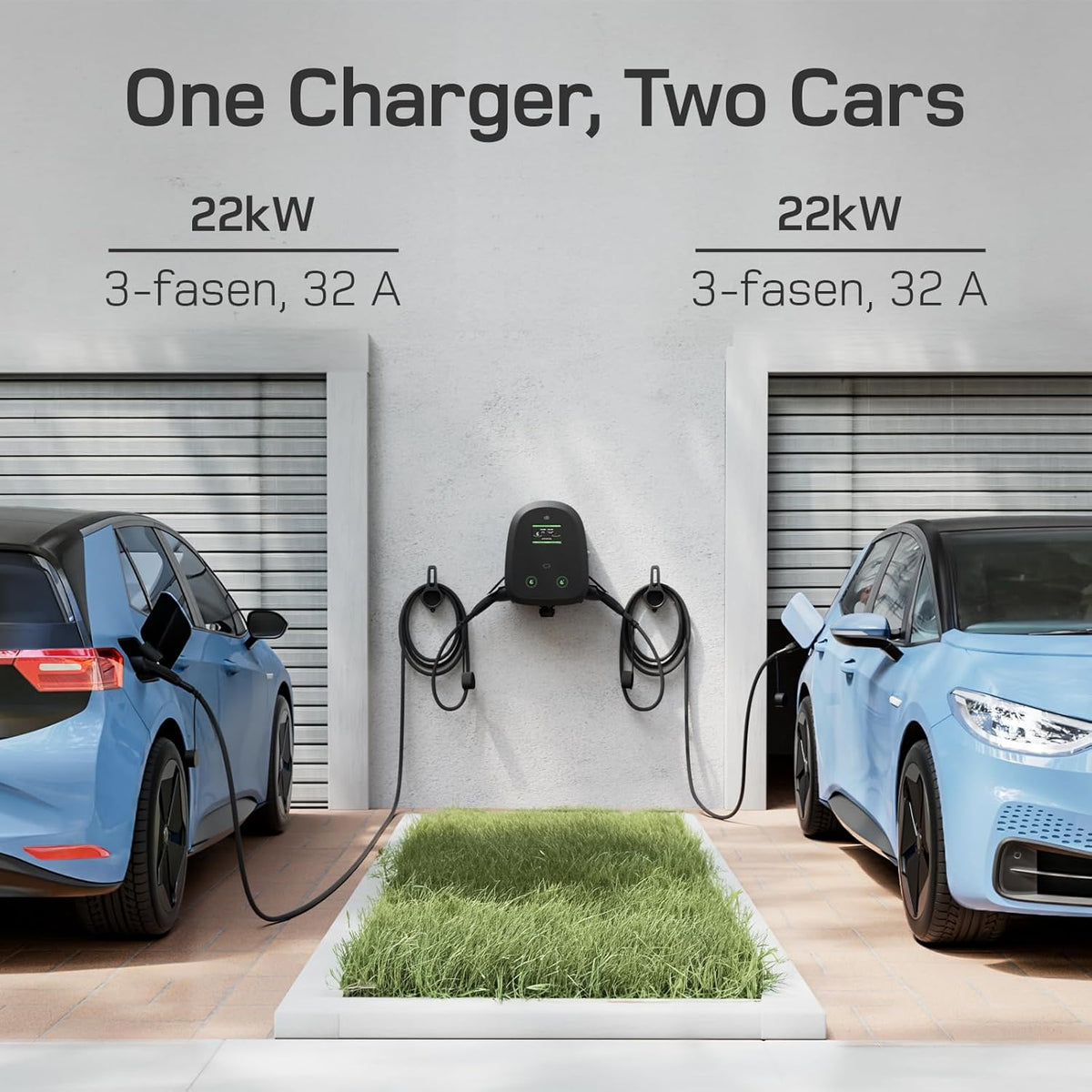 dé Dual-Cable Wallbox 2×22kW [6-32A, 3-Fase] EV Oplader met Twee Type 2 Stopcontact 22kW met APP, RFID en OCPP-protocollen, Wallbox 22kW Gelijktijdig Opladen van Twee Auto’s, voor BEV/PHEV.
