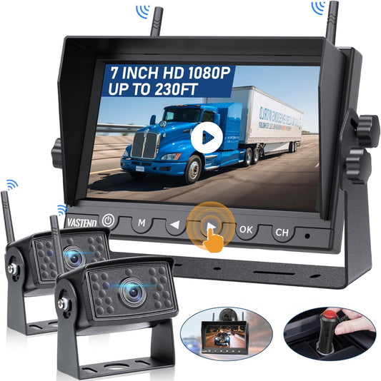 Draadloze achteruitrijcameraset HD 1080P 7'' monitor & IP69 waterdichte back-upcamera Stabiele signalen, 150° groothoek Nachtzichtset voor bestelwagen, vrachtwagen, caravan(2 camera's)