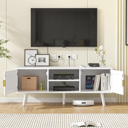 TV-meubel voor tv's tot 55 inch, rotan tv-console met 2 deuren en 2 open planken, Boho Media TV-kasten voor woonkamer, boerderij tv-units voor slaapkamer, wit