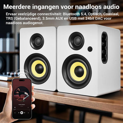 Sanyun SW206 4” HiFi Boekenplankluidsprekers met Studiomodus, 80W Actief, Bluetooth 5.4/Optisch/Coaxiaal/TRS/Aux/24bit DAC USB, voor Draaitafel TV PC Desktop, MDF Kabinet, Afstandsbediening, Wit