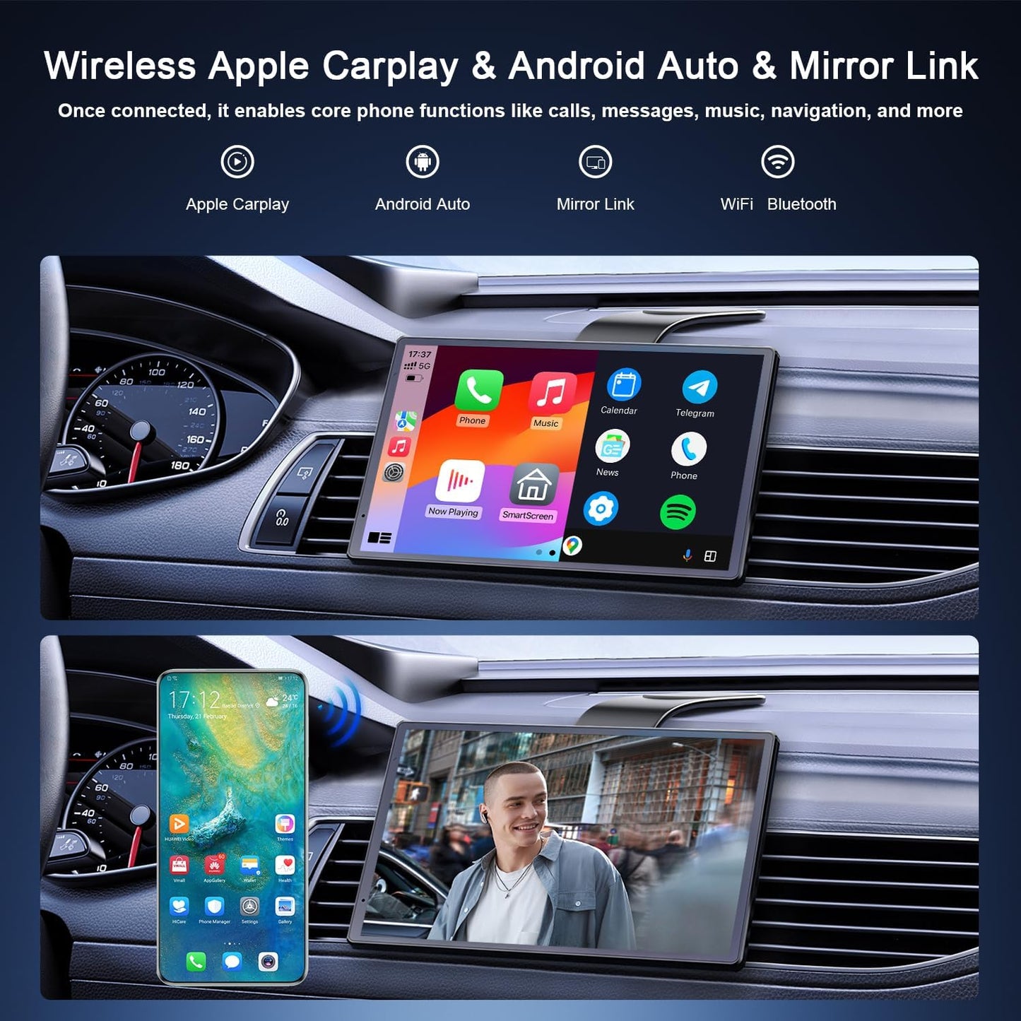 Draadloze autoradio A-pple Carplay auto met achteruitrijcamera, draagbaar touchscreen, GPS-navigatie, spraakbesturing Google/Siri, Android Auto, Bluetooth-radio, AUX/FM, Mirror Link, OTA