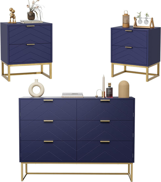 Nachtkastje – Bijzettafel – Ladekast – Opbergkast – Slaapkamermeubel – Marineblauw – MDF Met Metalen Poten – 6 Lades Set