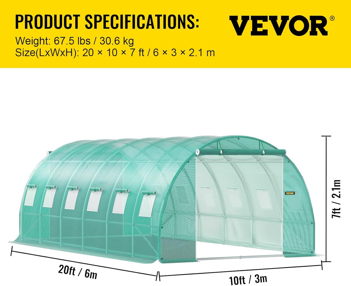 VEVOR Arched roof greenhouse 6.1 x 3 x 2.1 m film greenhouse galvanised steel frame and PE tarpaulin greenhouse tunnel waterproof and UV-resistant tomato greenhouse ideal for growing vegetables flowers