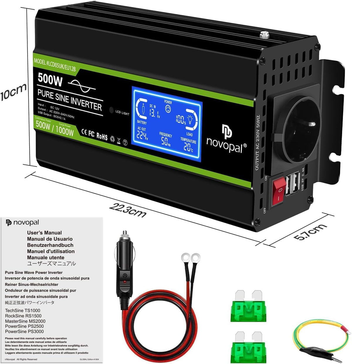 NOVOPAL 500 W omvormer 12 V naar 230 V 220 V zuivere sinus spanningsomvormer met intelligent LCD-scherm - EU-stekker met USB-uitgang
