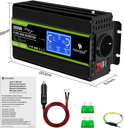 NOVOPAL 500 W omvormer 12 V naar 230 V 220 V zuivere sinus spanningsomvormer met intelligent LCD-scherm - EU-stekker met USB-uitgang