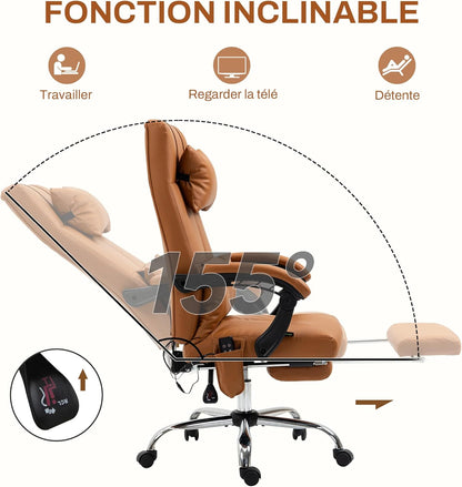 Vinsetto Bureaustoel met massagefunctie, ergonomische managersstoel met verwarming, ligfunctie, lendensteun en hoofdkussen, in hoogte verstelbare draaistoel met kantelfunctie, voetensteun, bruin