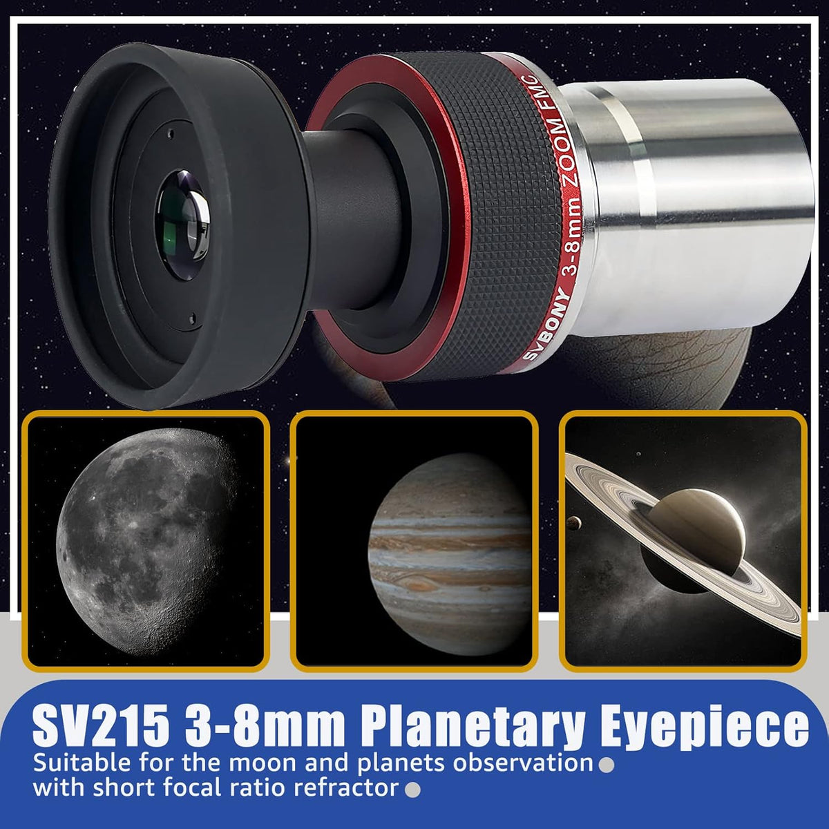 Svbony SV215 Planetaire Zoom Telescoop Oculair 3-8mm, 1.25inch Parfocale 56 Graden Constante AFOV, voor Korte Focus Telescoop OTA Hoge Vergroting Lunar Planetaire Observaties