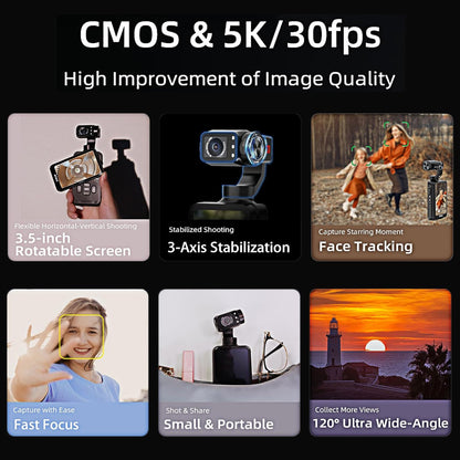 ORDRO M5 5K vlogging-camera met 3-assige stabilisator, 120° ultra-groothoek, infrarood nachtzicht, 3,5 inch IPS-scherm, kleine vlogcamera met SD-kaart: