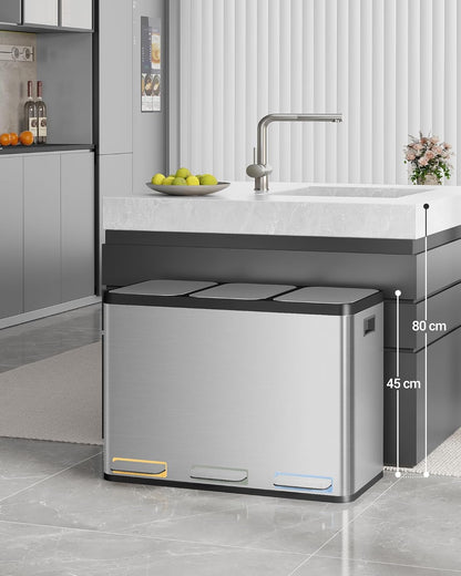 Hzuaneri Garbage Separation System for Kitchen, 3 Compartments, 45 L (3 x 15 L), Stainless Steel Kitchen Waste Bin, Pedal Bin with Colour-Codable Pedals, Waste Bin, Quiet Slow Descent, Silver