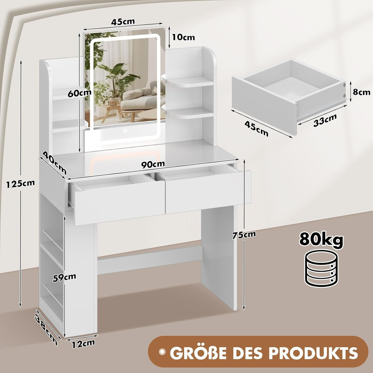 Devoko Dressing Table with Mirror and Lighting,Adjustable Brightness,Makeup Table with 2 Drawers, 4 Shelves, Modern Makeup Desk for Bedroom and Dressing Room, 90 x 40cm (White) - QUORE