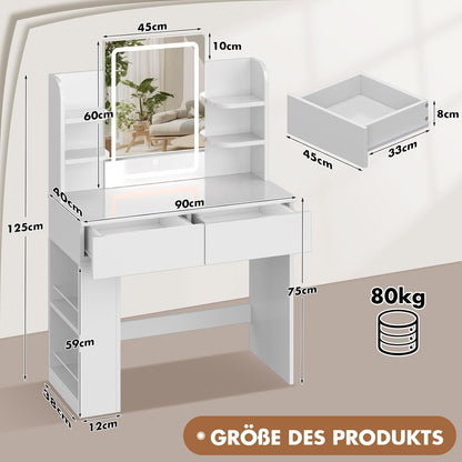 Devoko Dressing Table with Mirror and Lighting,Adjustable Brightness,Makeup Table with 2 Drawers, 4 Shelves, Modern Makeup Desk for Bedroom and Dressing Room, 90 x 40cm (White) - QUORE