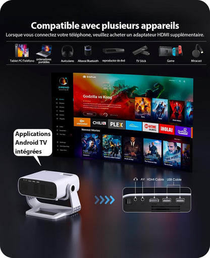 Beamer 2025 met geïntegreerde app – draagbare projector full hd 1080p 650ANSI, retroprojector ondersteunt 4K WiFi Bluetooth, trapeziumcorrectie auto en 4P, compatibel met iOS Android HDMI