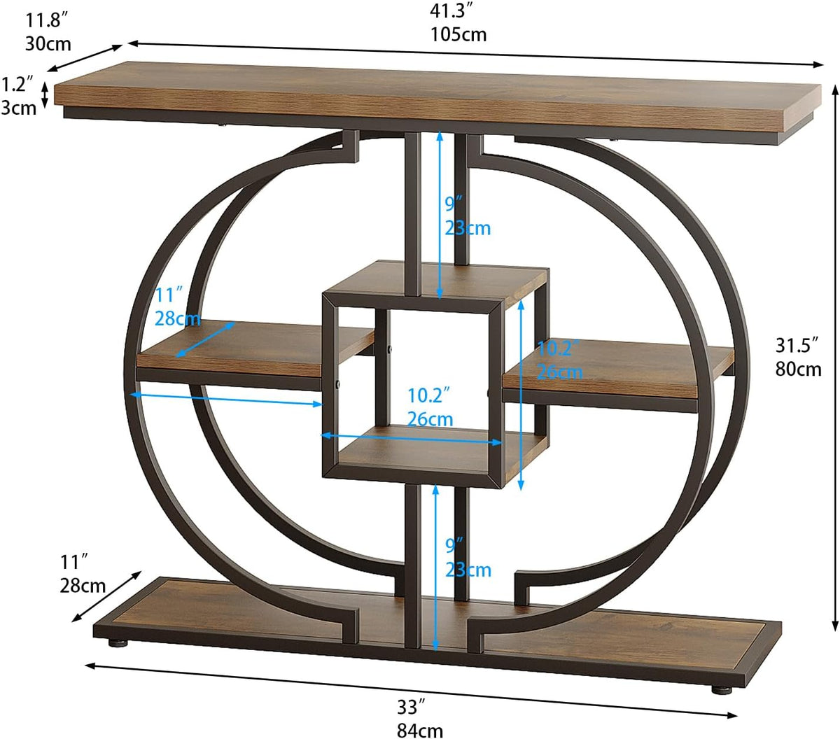 Trironsun Smalle consoletafel voor hal, 4 verdiepingen, rustieke salontafel met rond metalen frame, industriële entreetafel van hout met opbergvakken voor woonkamer en hal - QUORE