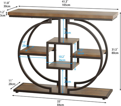 Trironsun Smalle consoletafel voor hal, 4 verdiepingen, rustieke salontafel met rond metalen frame, industriële entreetafel van hout met opbergvakken voor woonkamer en hal - QUORE