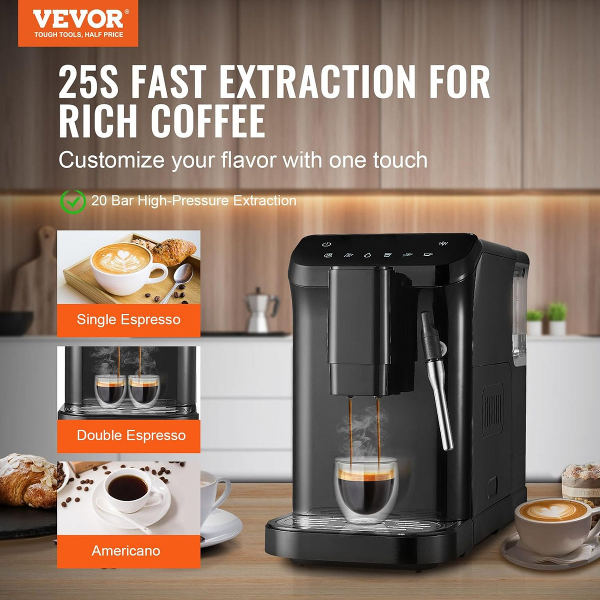VEVOR Automatische espressomachine, espressomachine 20 bar met melkopschuimer stoommondstuk, geïntegreerde molen en 15 maalinstellingen, met 1,5 l waterreservoir voor cappuccino, latte