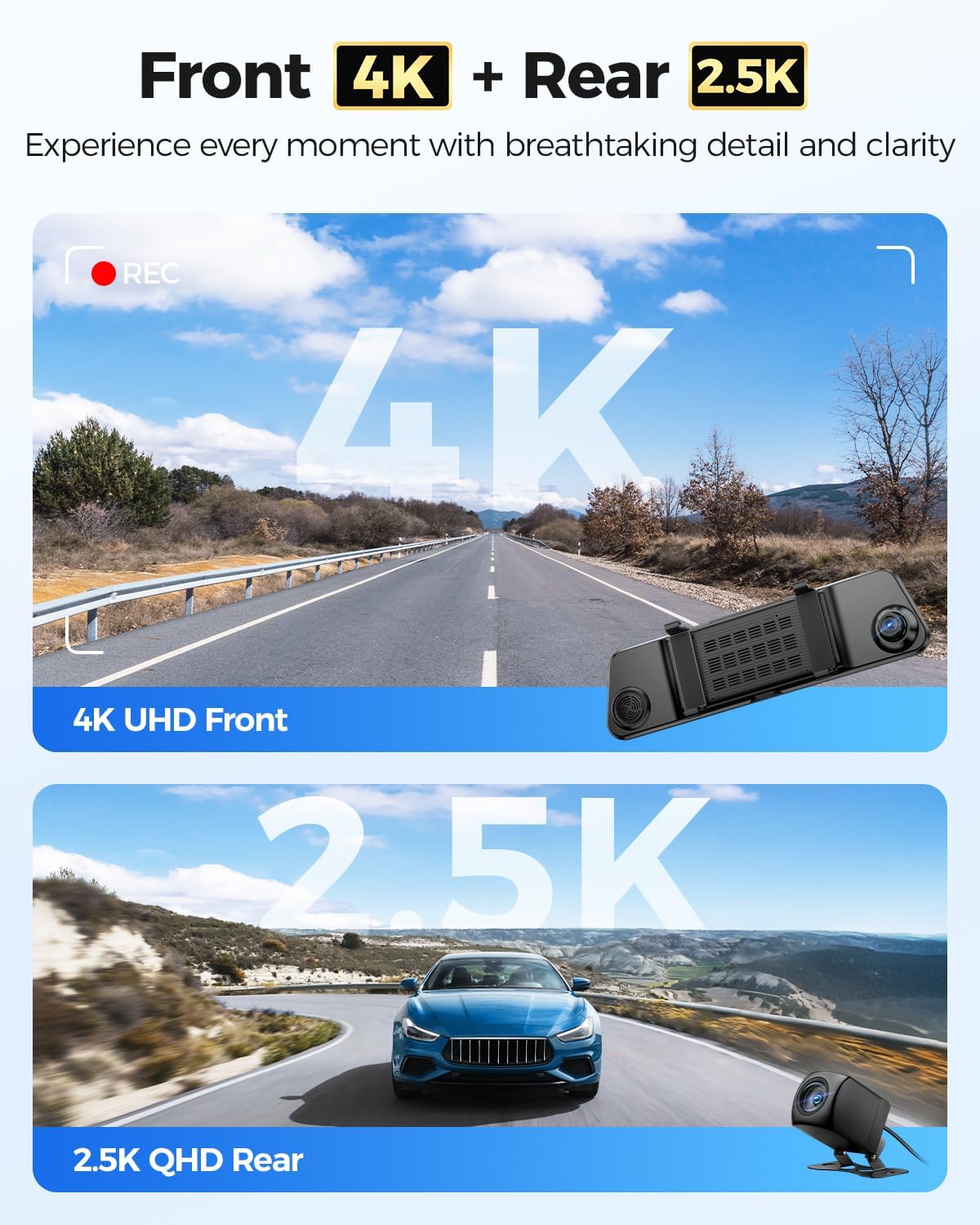 AZDOME 4K spiegel-dashcam, voor aan de auto, voor en achter met 2,5K achtercamera, 5G wifi-autocamera, 64 GB kaart inbegrepen, super nachtzicht, dashcam, GPS, spraakbediening, 12 inch IPS-touchscreen