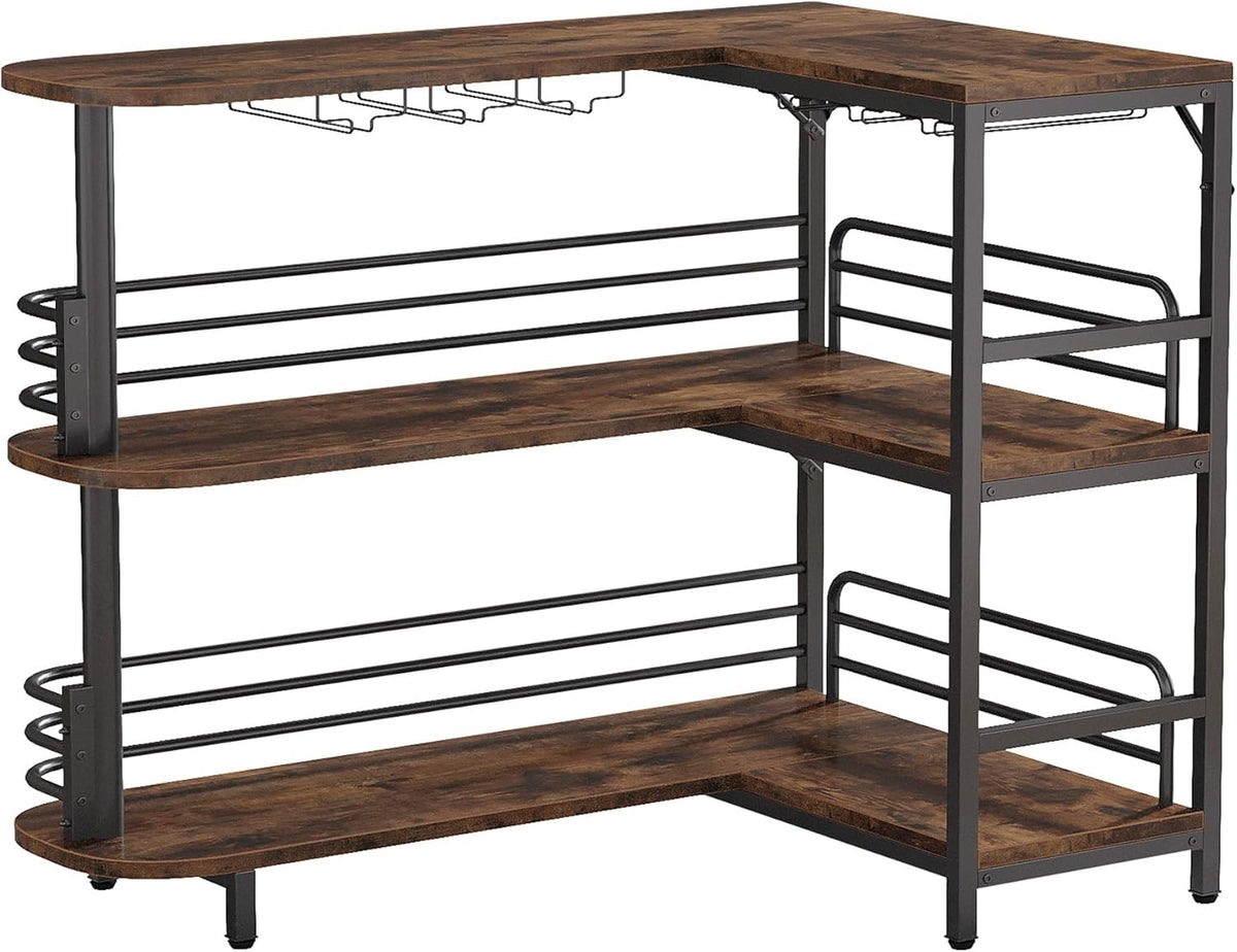 Tribesigns Bar Table, L Shape, Bistro Table, Spirits, 3 Levels, with Bottle Rack and Cup Holder, Kitchen Table, Corner Table for Living Room, Kitchen, Brown, Rustic