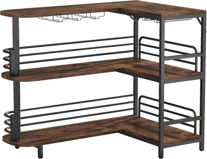 Tribesigns Bar Table, L Shape, Bistro Table, Spirits, 3 Levels, with Bottle Rack and Cup Holder, Kitchen Table, Corner Table for Living Room, Kitchen, Brown, Rustic