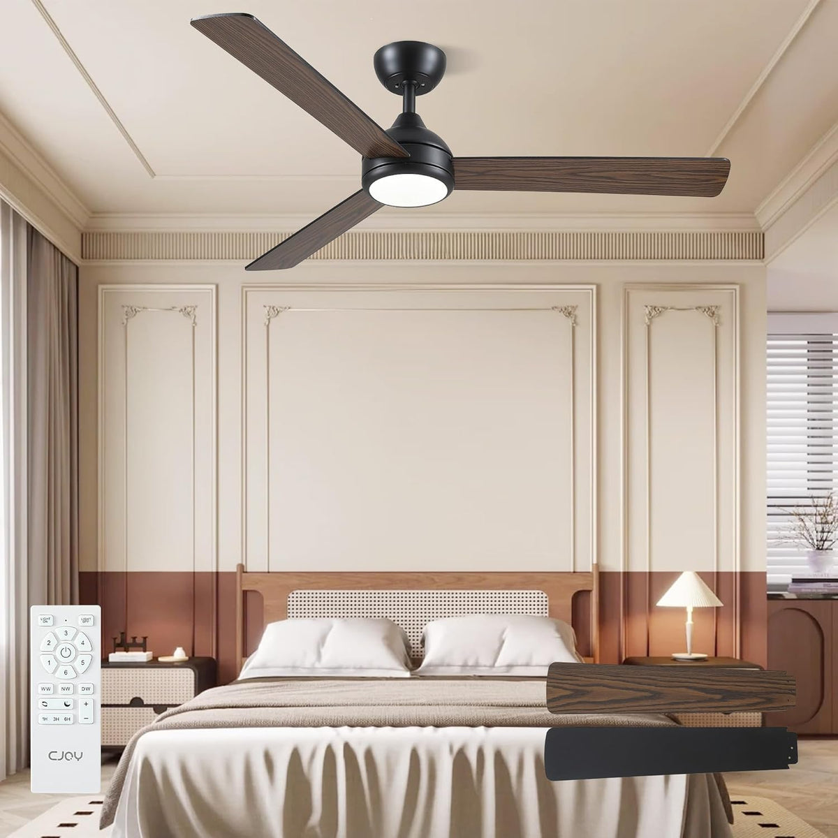 CJOY Plafondventilator, zwart en hout, 132 cm, plafondventilator met licht en stille afstandsbediening, 6 snelheden, 3 CCT, dimbaar, omkeerbaar, timer, Per camera da Letto/Soggiorno