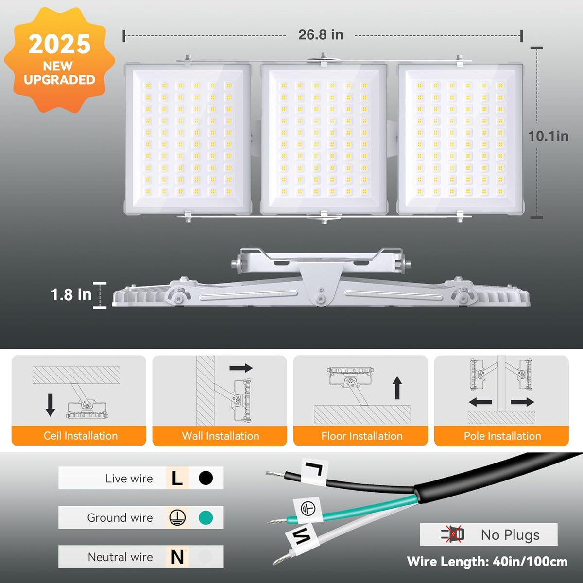 SOLLA Led-schijnwerper voor buiten, 600 W, ultra helder, 60.000 lumen, 6000 K, daglicht, wit, IP66 waterdicht, 3 heads outdoor floodlight, veiligheidsverlichting voor tuinen, patio's, straatgrijs