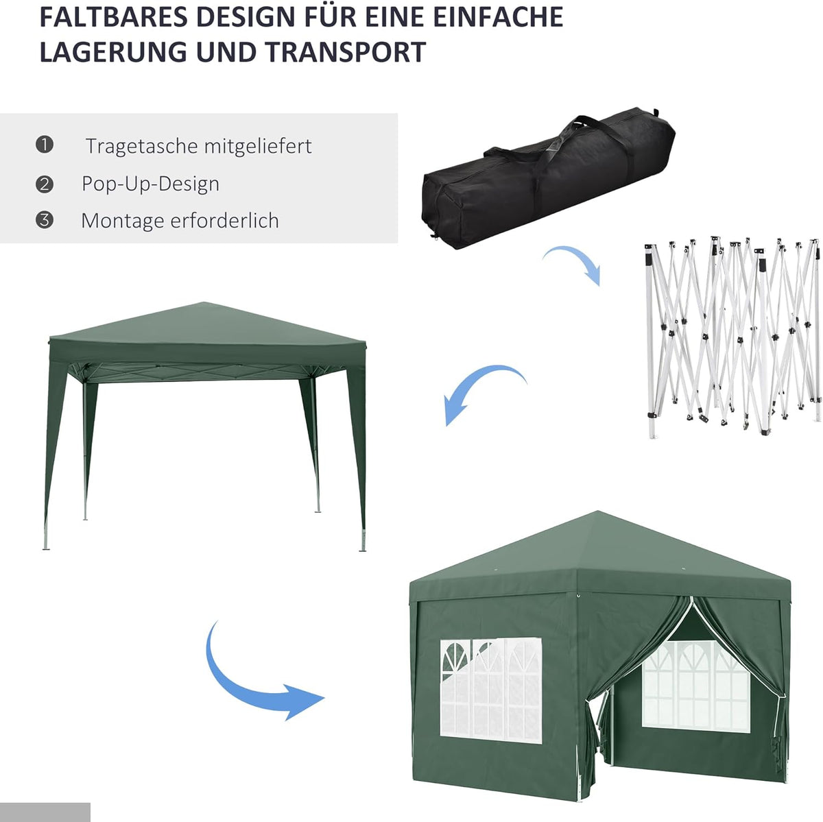 Outsunny Folding Pavilion approx 3 x 3 m - Pavilion with 4 side walls, windows, marquee with UV protection, gazebo including carry bag - for garden, terrace, steel Oxford, green - QUORE