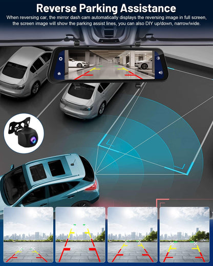 Dashcam autospiegel – Spiegel dashcam – Achteruitkijkspiegel dashcam – Autospiegel camera – Achteruitrijcamera – 9,66 inch IPS-touchscreen – CarPlay en Android Auto