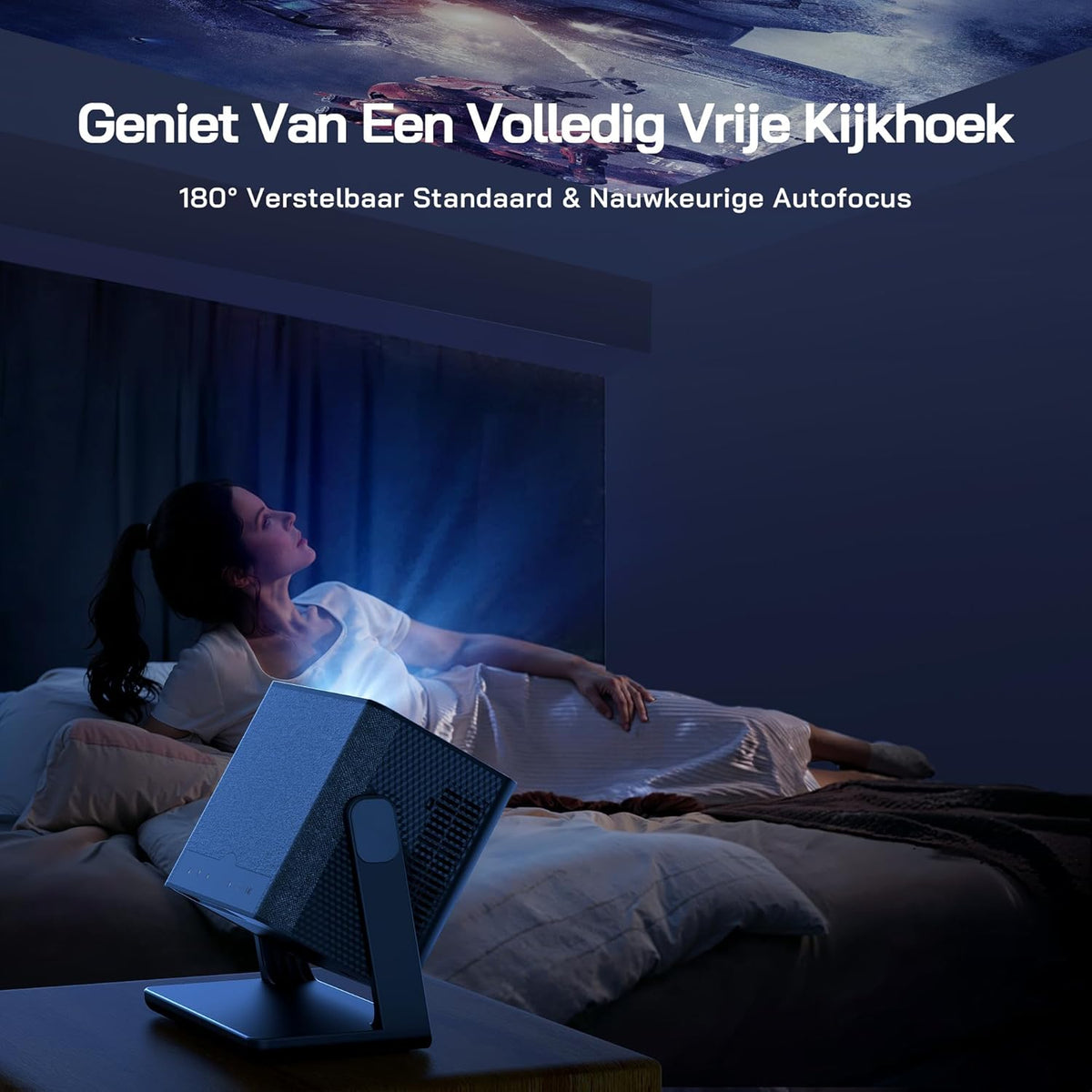 WOLFANG 4K Smart Beamer【Netflix Official & Autofocus/Keystone】28000 Lumen, WiFi 6 Draagbare Beamer met 5.2G Bluetooth, Home Theater Projector met 180° Verstelbare standaard voor 300" Schermen