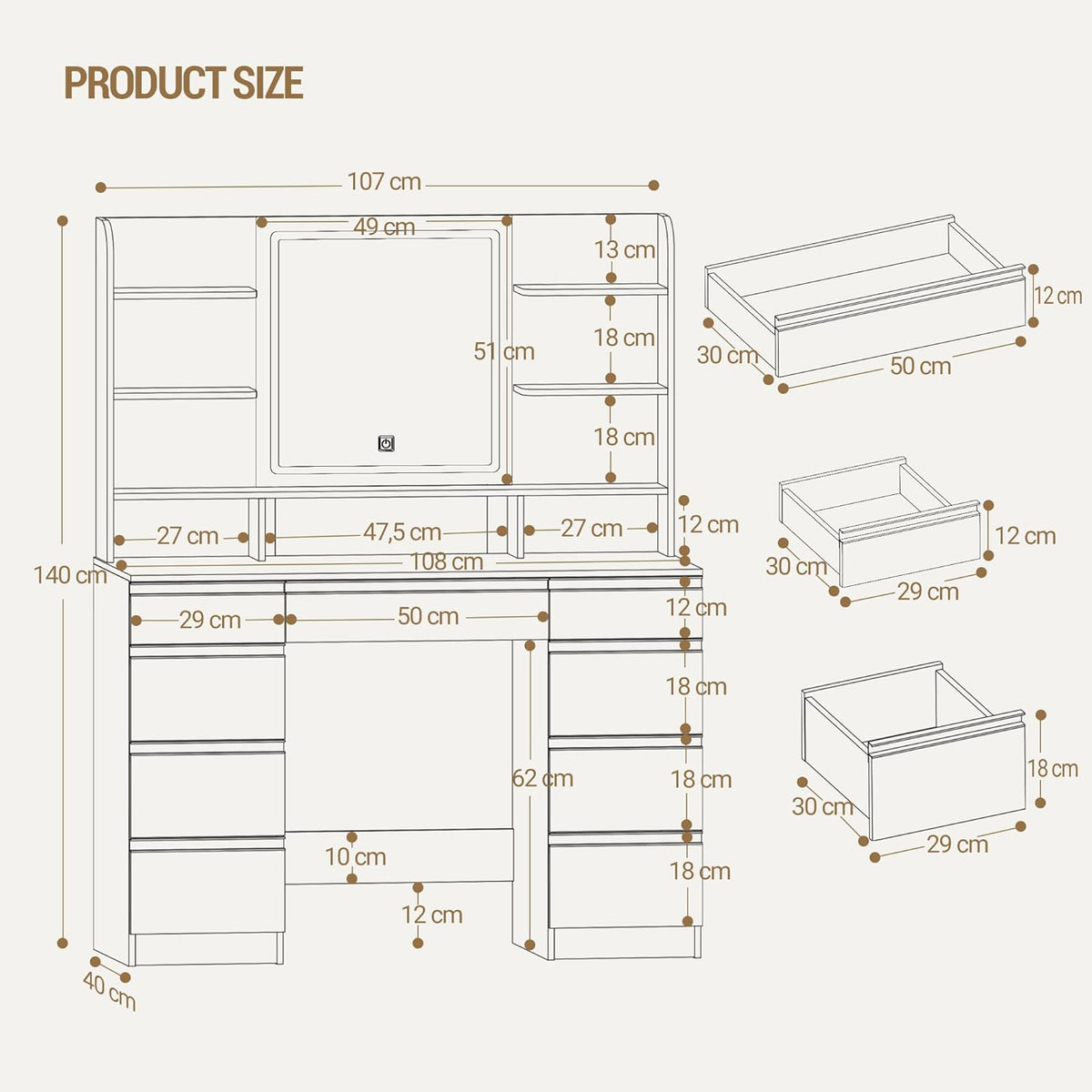 Hzuaneri Large Dressing Table with LED Lights, 3 Colors, Adjustable Brightness, Dressing Table with Mirror, 9 Drawers, 9 Open Shelves, Modern Style, White-Gold DT41903X