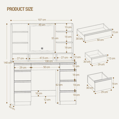 Hzuaneri Large Dressing Table with LED Lights, 3 Colors, Adjustable Brightness, Dressing Table with Mirror, 9 Drawers, 9 Open Shelves, Modern Style, White-Gold DT41903X