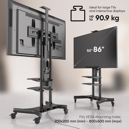 ONKRON Gemotoriseerde TV Beugel op Wielen voor 50" - 86" Scherm, Mobiele TV Standaard met TV Lift tot 90.9 kg - Vloerstandaard Televisie Lift Max VESA 800x500/TV Lift Elektrische Kast TS1881E-B Zwart