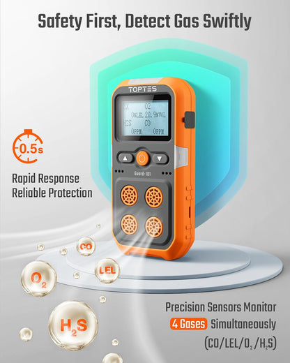 TopTes Guard-101 4 Gasmonitor Multi Gasdetector voor H2S, CO, LEL en O2, met trillingen, visuele en hoorbare alarmen, 14 uur lange batterijduur, explosiebestendige veiligheid, gasmonitor voor werk
