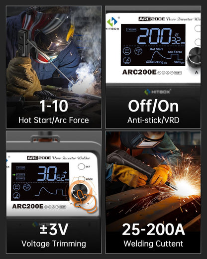 HITBOX ARC200E Lasapparaat 200A Inverter IGBT DC MMA/Lift TIG, gasloos MIG met gevulde draad compatibel, synergische regeling, Hot Start, Anti-Stick, 230V met TFT-LCD display
