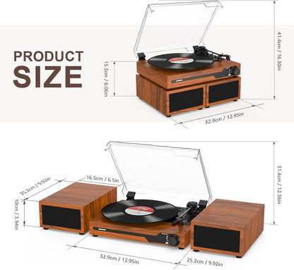 Platenspeler - Geïntegreerde Luidsprekers - Vintage Fonograaf - met Bluetooth 5.3 Ondersteunt - 2 Dubbele Stereoluidsprekers - 3 Snelheden - AUX - RCA - USB - Draadloos Afspelen - Hout - Bruin