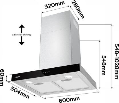 CIARRA CBCS6102 A+++ Afzuigkap 60cm 650 m³/h - Touch Control en Wifi - 4 Snelheden met Booster,afvoerstand en recirculatie afzuigkap met koolstoffilter CBCF003 - Roestvrij Staal