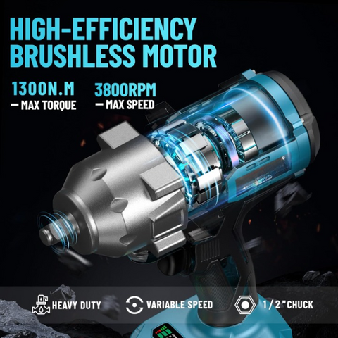 Accu-slagschroevendraaier - Slagmoersleutel - met 1/2 inch Krachtige Borstelloze Motor - 6 Dopsleutels - 1300 Nm Draaimoment - 2 x 4.0 Ah Accu - voor Vrachtwagens - Auto's - Blauw