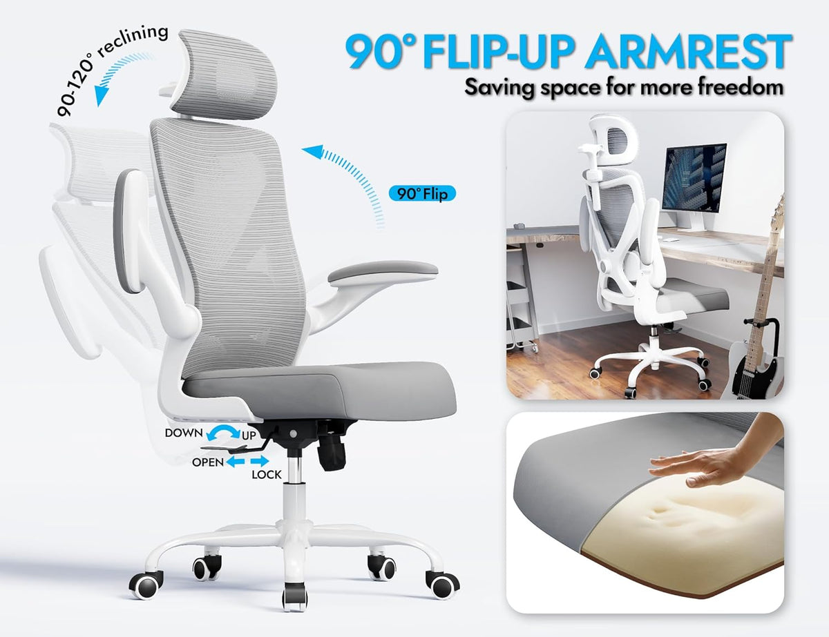 Bureaustoel – Ergonomische Bureaustoel – Gamestoel – Computerstoel – Office Chair – Verstelbare Lendensteun – 3D Hoofdsteun – Max. 150 kg – Grijs Mesh