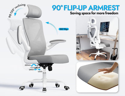 Bureaustoel – Ergonomische Bureaustoel – Gamestoel – Computerstoel – Office Chair – Verstelbare Lendensteun – 3D Hoofdsteun – Max. 150 kg – Grijs Mesh