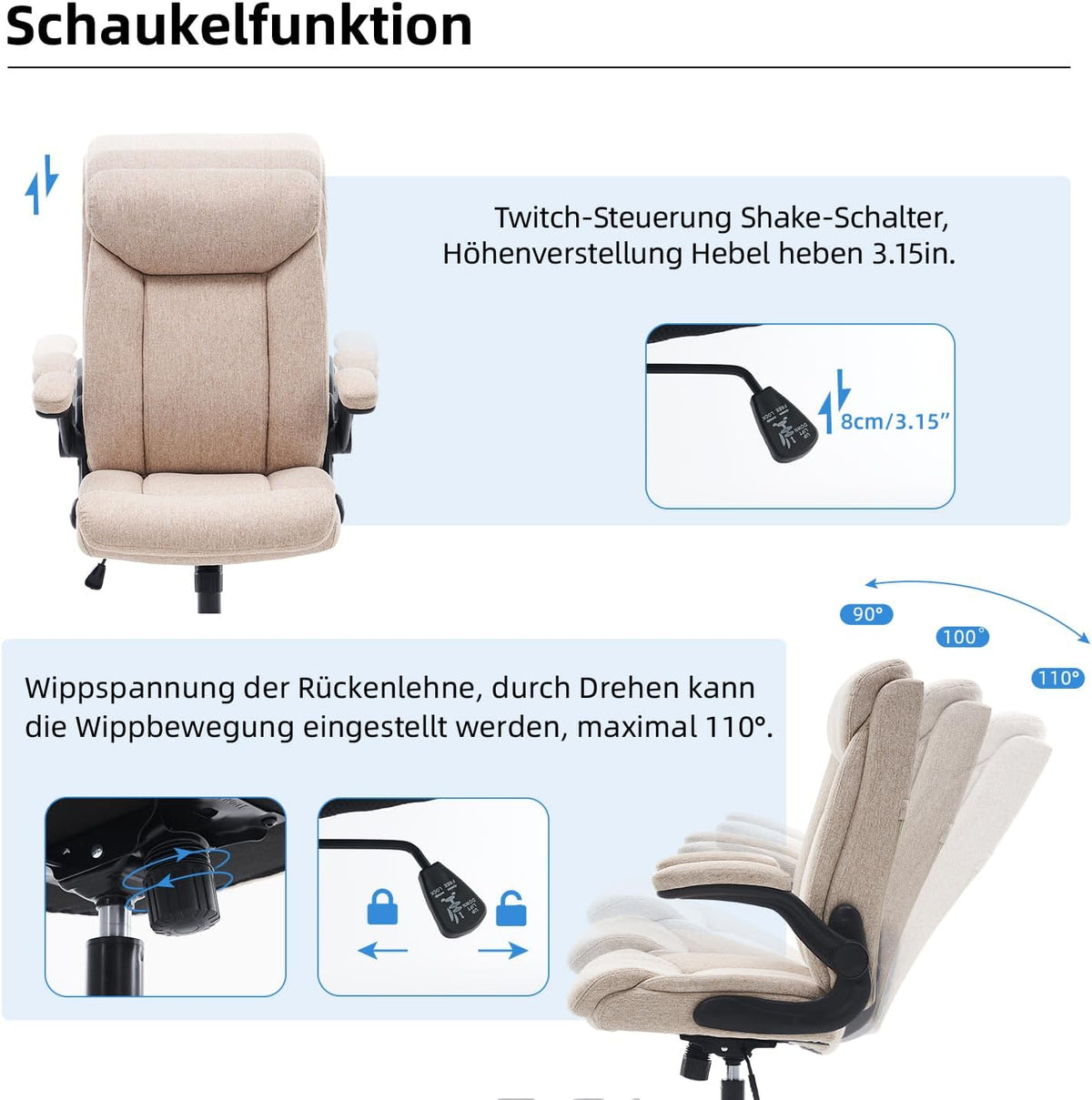 Ergonomische bureaustoel, computerstoel, draaibare werkstoel met opklapbare armleuning, in hoogte verstelbaar, comfortabel voor kantoor, thuis, gaming (beige stof)