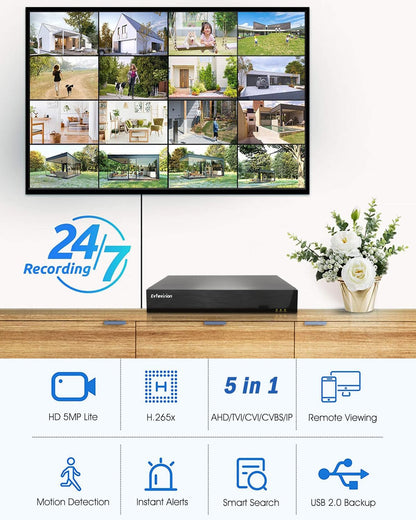 16Channel 5MP Lite Beveiliging Digitale Videorecorder met AI Mens/Voertuig Detectie, H.265+ Videocompressie voor Bandbreedte-efficiëntie, 16CH 5-in-1 CCTV DVR voor bewakingscamera, GEEN HDD