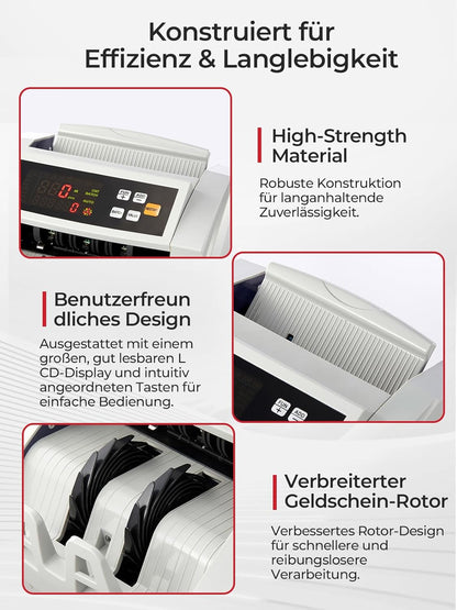 FOHERE Geldtelmachine, professionele geldteller met UV/MG/IR/DD vervalsingsherkenning, 1100 bankbiljetten/minuut, lcd-display, waarde- en batchmodus voor winkels, banken en restaurants