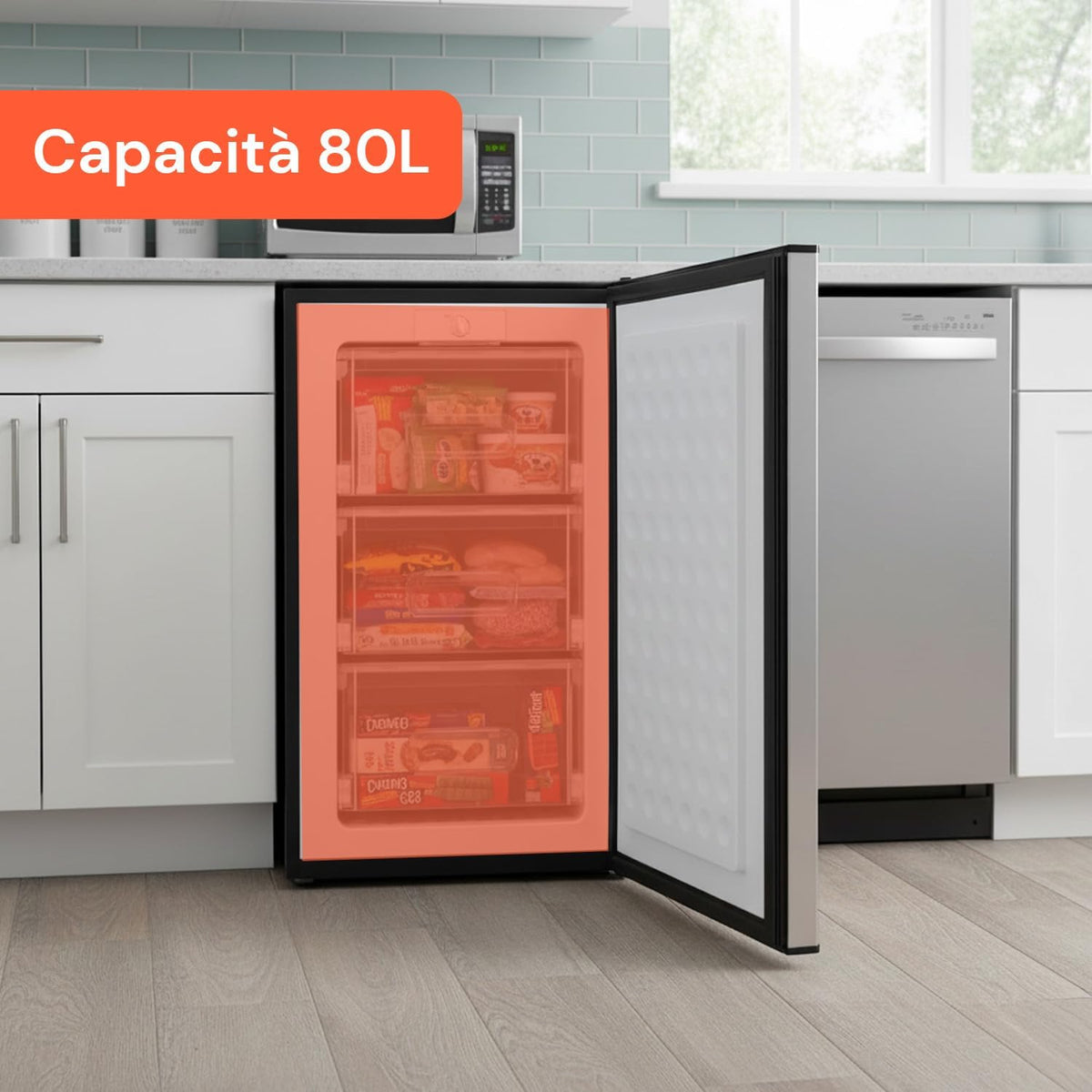 Wintem - Vriezer 80 l met laden, 3 uitneembare vakken en elegante zilveren deur, compacte structuur van 47 x 44,5 x 83,5 cm, eenvoudig te plaatsen en perfect als verticale vriezer - QUORE