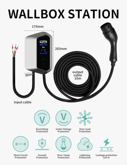 EV-oplader – Elektrische Autolader – Draagbare Laadkabel – Thuislader – Laadstation – 7 kW Enkelfasig – 10 Meter Kabel